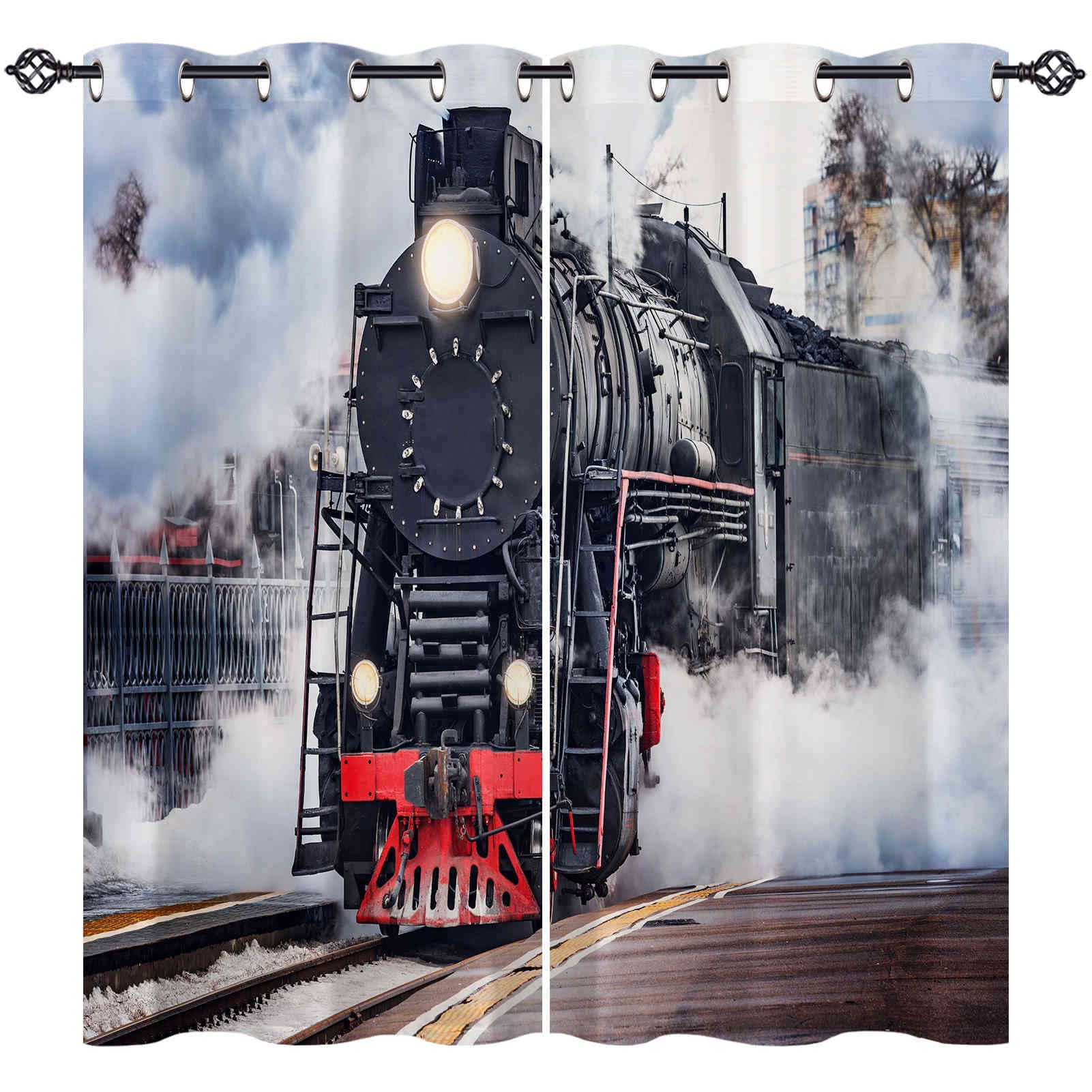 ANHOPE Steam Train Curtains Eyelet 80% Blackout Room Darkening Curtains with Retro Steam Engine Locomotive Print Pattern Light Blocking Window Drapes for Bedroom Living Room 52 x 63 Inch Drop 2 Panels — image 1