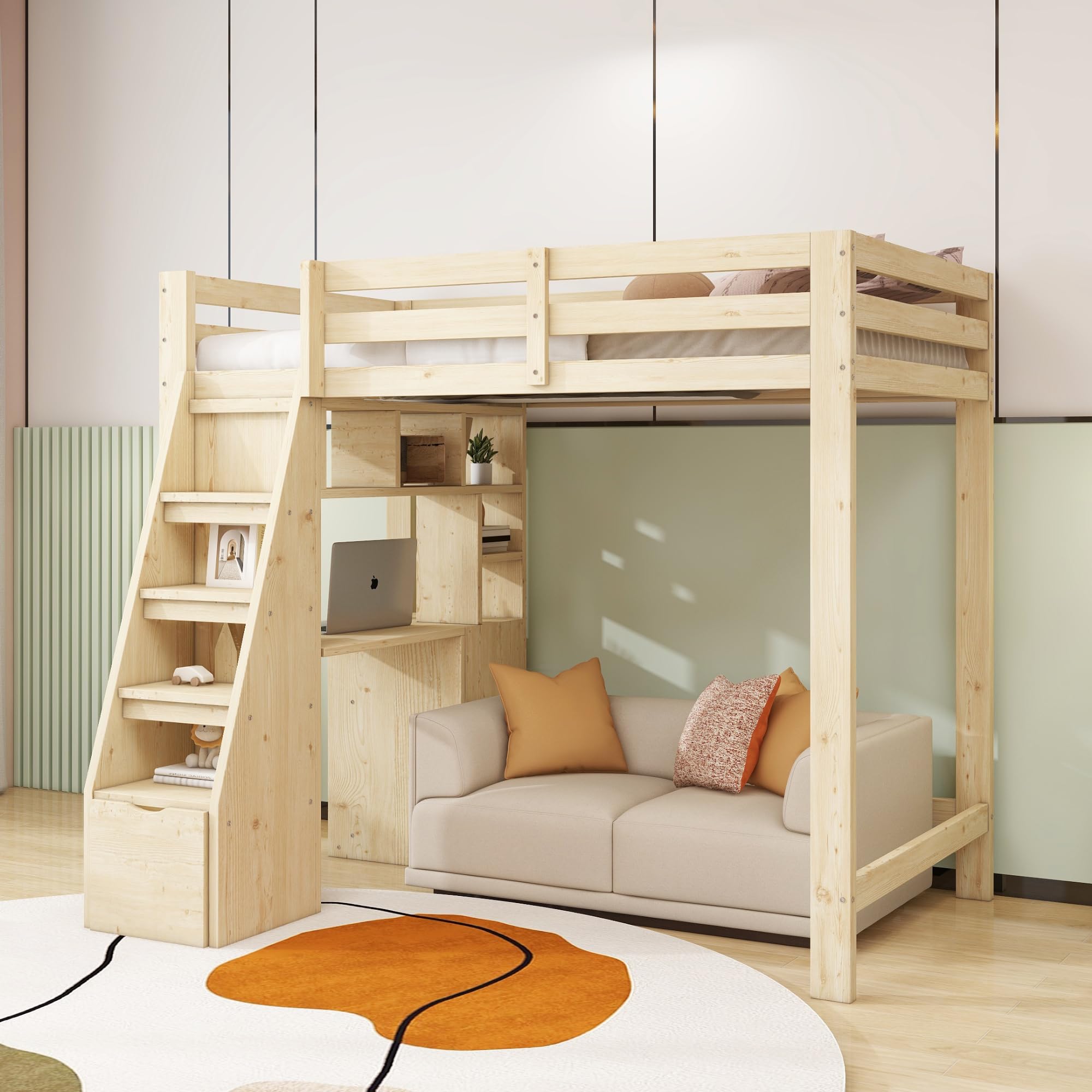 Letto a soppalco per bambini - 90 x 200 cm - con tavolo e ripiani