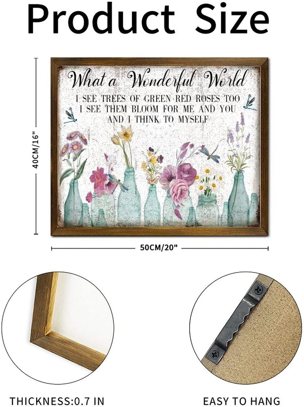 What A Wonderful World Framed Wood Signs Vintage Dragonfly Tulip Rose Flower Vase Wood Plaque Vintage French Floral Home Wall Hanging Sign Decor for Grandpa Papa Dad Boyfriend Teacher 16x20 Inch