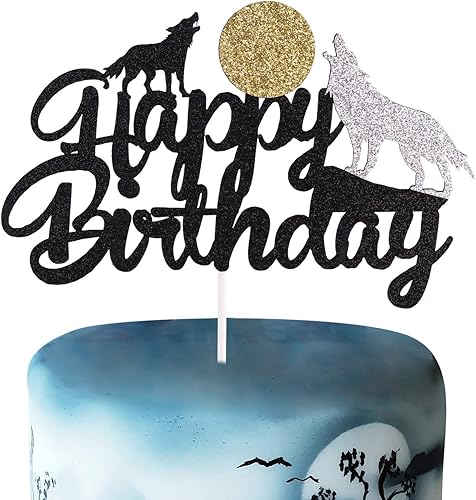 Decoración de pastel de lobo, silueta de lobo, decoración de pastel de cumpleaños para niños y niñas, fiesta de cumpleaños, purpurina negra,