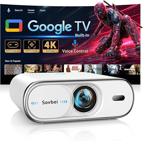 Proyector-4K incorporado Google TV | 2000 ANSI|Tapa de lente automática y Keystone 4D | Enfoque automático | Proyector portátil inteligente con