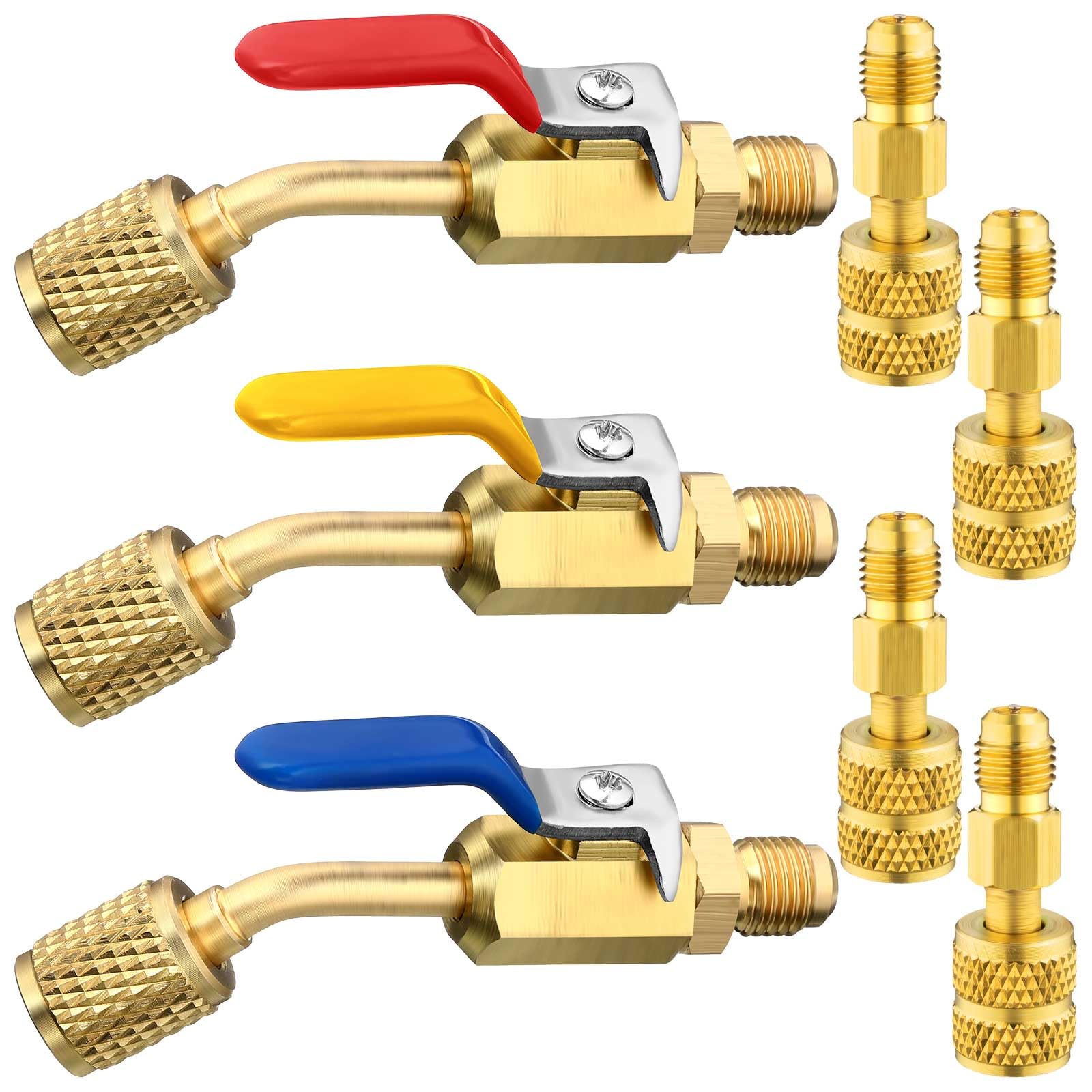 Mudder Lot de 7 robinets à boisseau sphérique compacts pour climatisation 6,35 mm pour adaptateur CVC R410A R134A R12 R22 femelle vers mâle 6,35 mm (robinet à boisseau sphérique 3 angles, 4