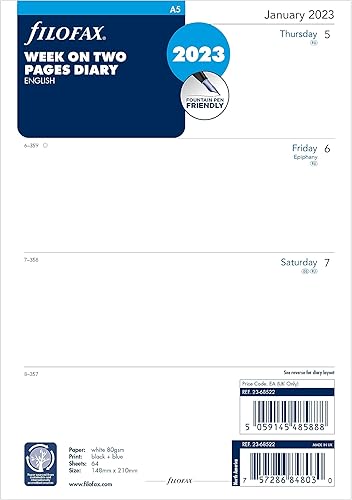 Filofax Recambio de diario para calendario, tamaño A5, semana a vista, papel blanco, sin rayas, inglés, 2024 (C68522-24)