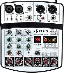 Mixer de áudio VEDO de 4 canais com 99 efeitos DSP, placa de som profissional com alimentação fantasma de +48 V, interface Bluetooth/USB, controle de equalização para DJ