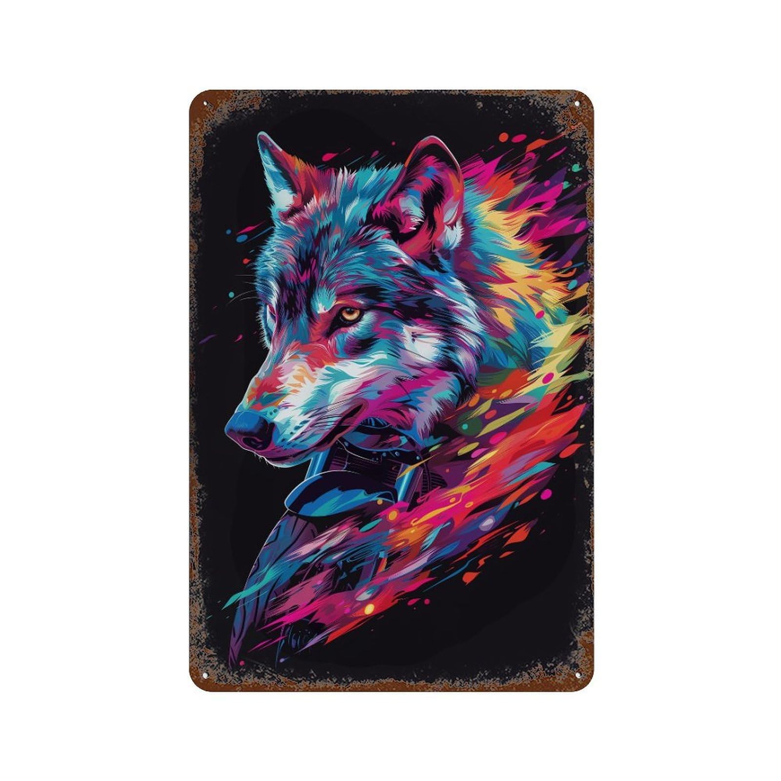 Colorful Wolf Illustration 11.8"x7.9" Decorative Tin Sign, Retro Wall Decor for Bistro, Counter And Cafe Decor