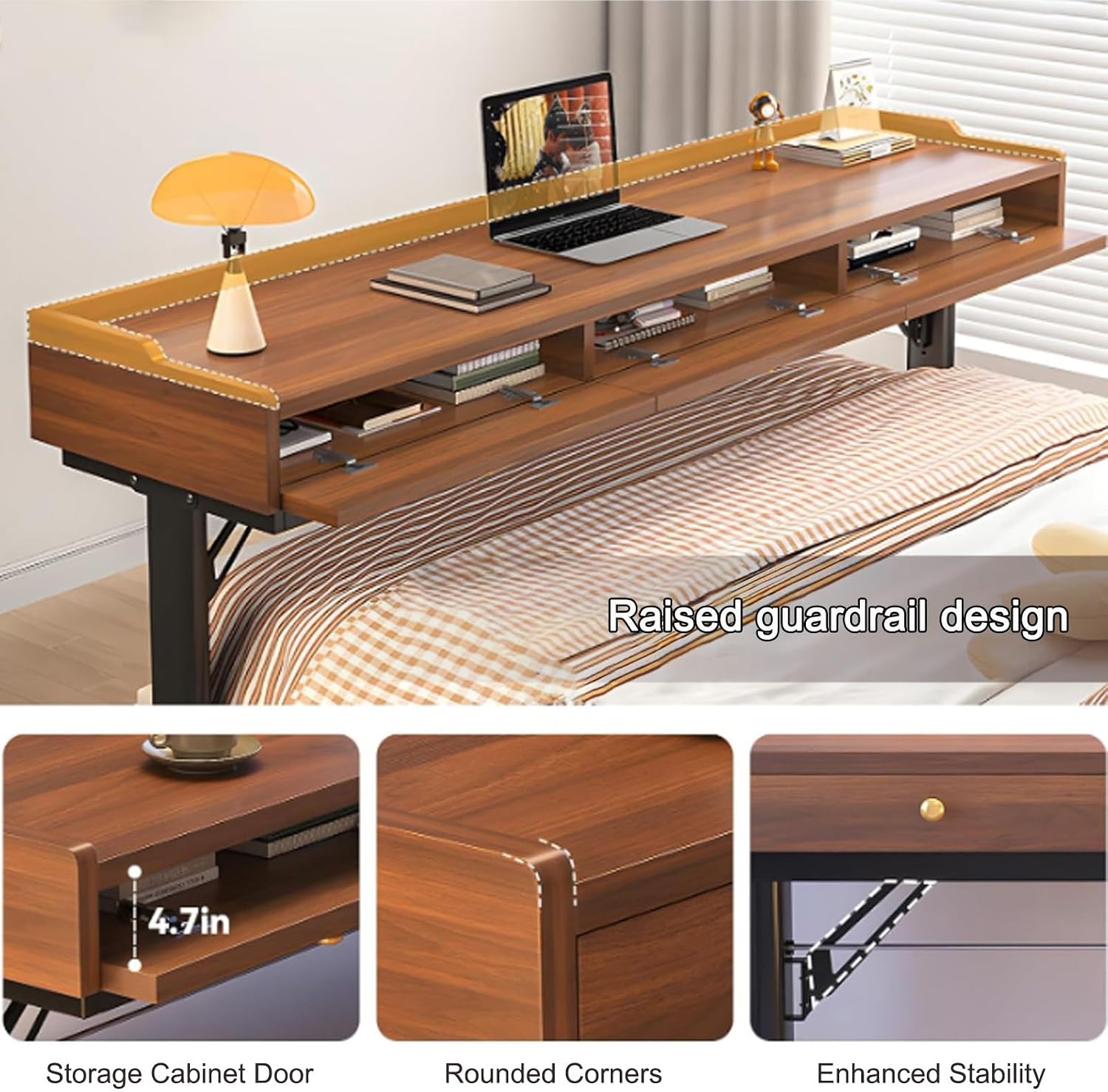 Adjustable Height Overbed Table with Hand Crank, Over Bed Desk with Wheels, Mobile Over The Bed Table with Drawe and Baffles for Bedroom, Hospital and School(Beige+Black,210cm/82.6in)