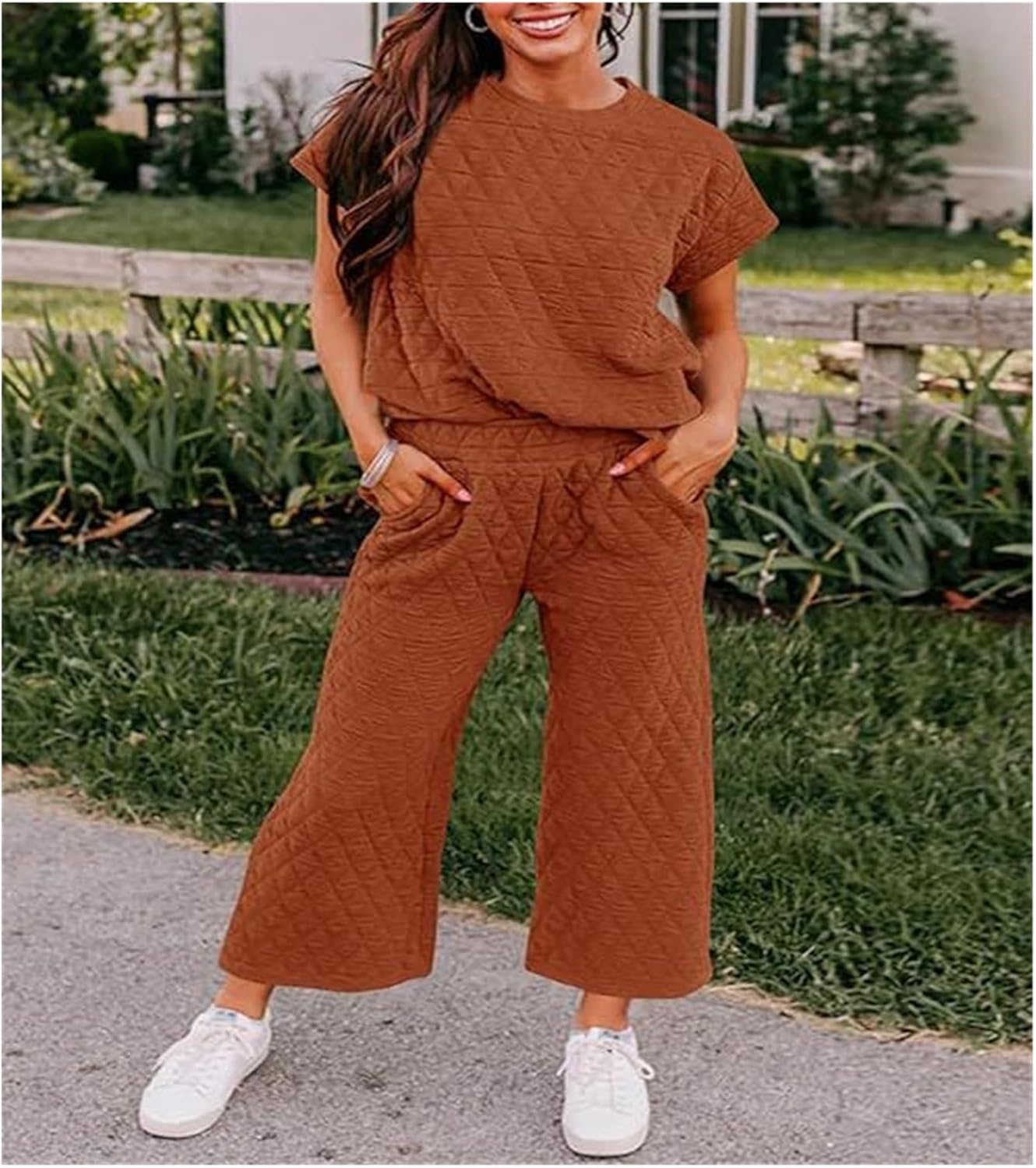 Women's Two Piece Solid Color Quilted Sweatshirt Set - 11 Colors, Comfortable Sweatshirt sweat suits for womens 2 piece