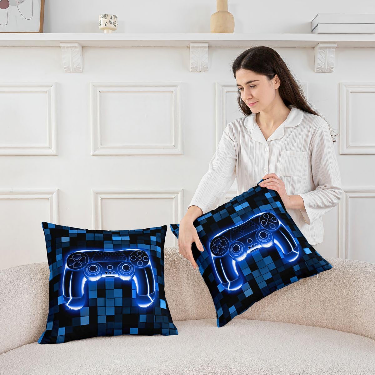 Manfei Game Kids Throw Pillow Cover,Pixelated Square Patchwork Gaming Double Sides Pillow Case,Miners Neon Lights Geometric Home Decor,Blue Bed Couch Sofa Cushion Cover,2 Pack 16"x16" image 4