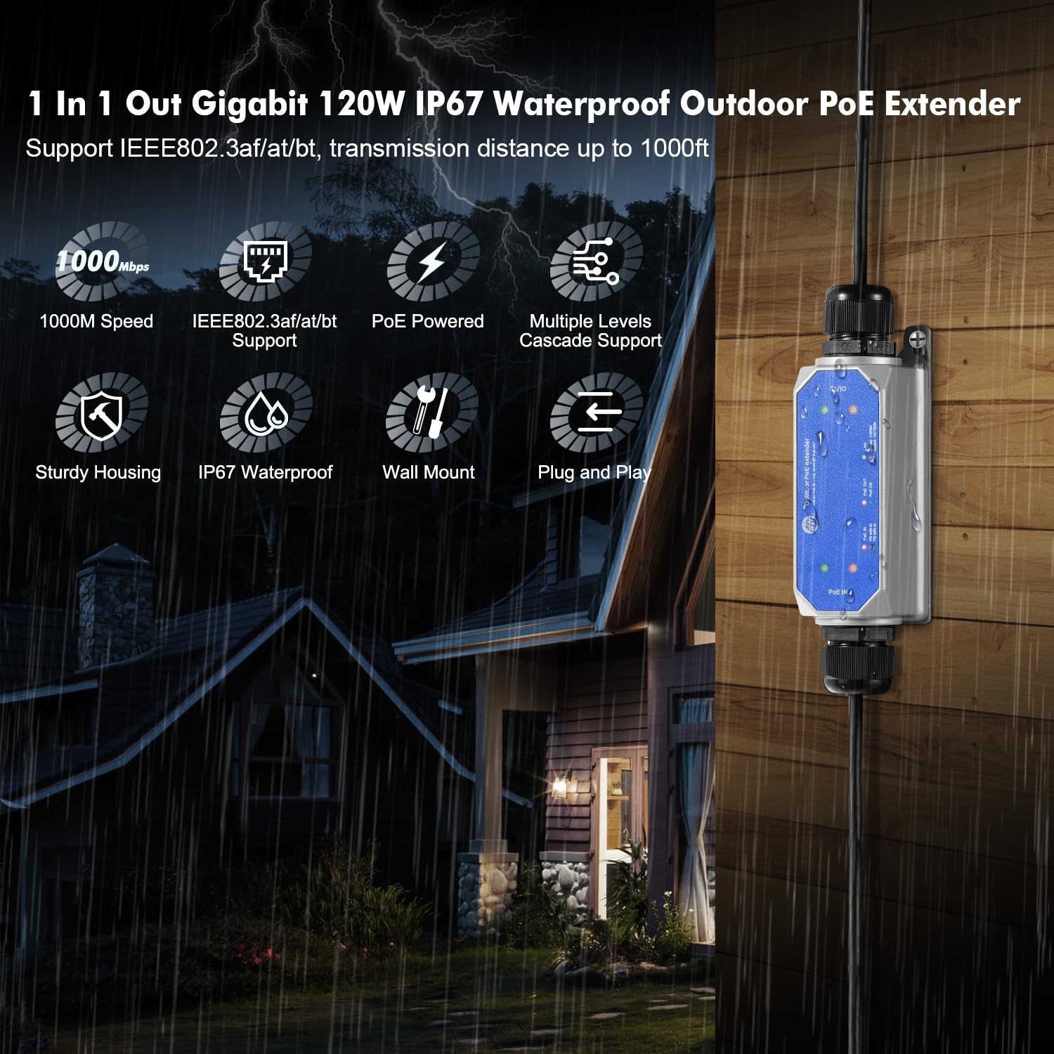 Interruttore passthrough PoE Gigabit esterno IP67, 1 in 1 Out Extender, IEEE802.3af/at/bt alimentato 90W, Ethernet 10/100/1000Mbps, montaggio a parete in metallo impermeabile Plug and Play