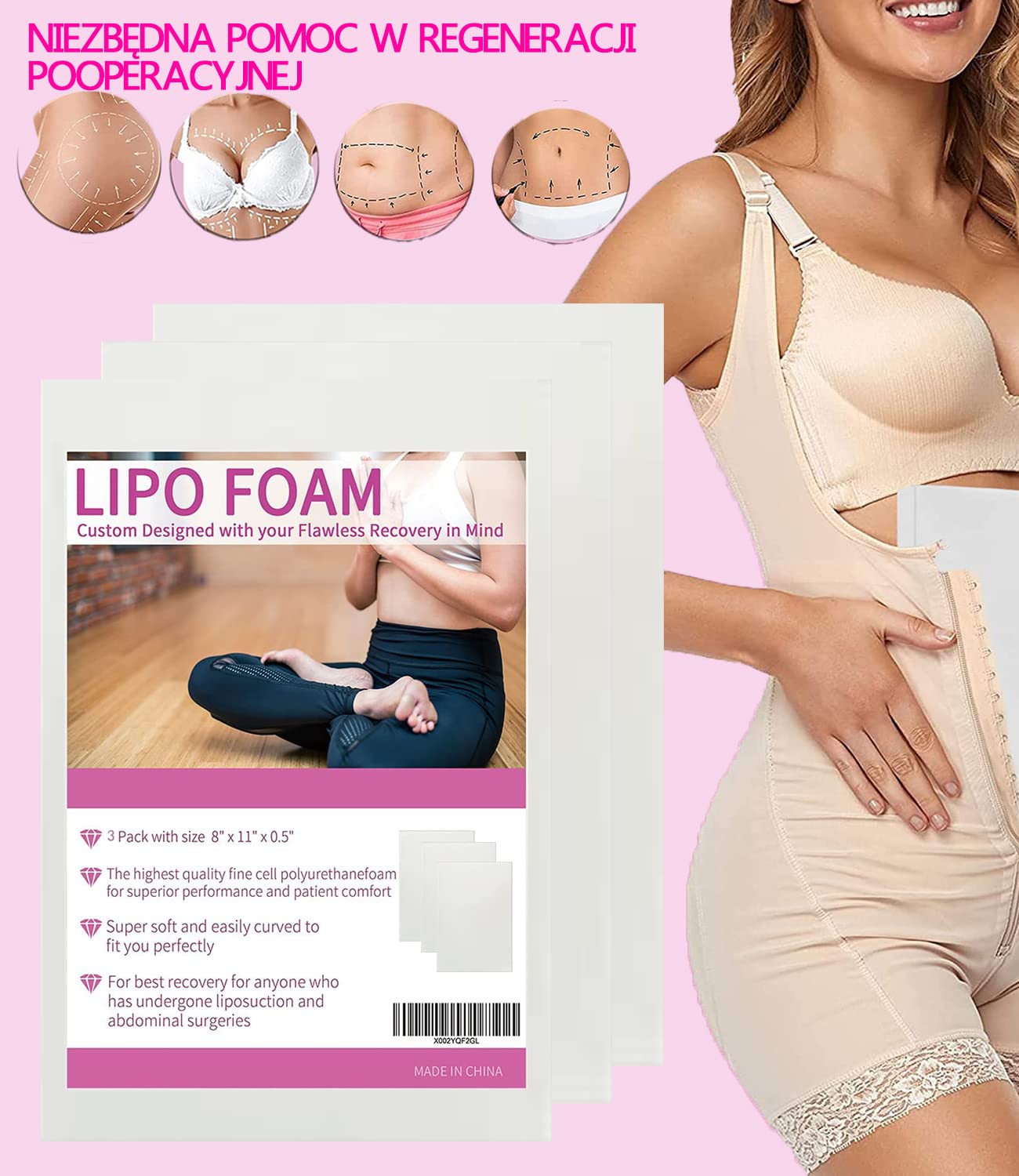 3 Opakowanie Lipo płyta piankowa pooperacyjna płyta Ab pianka Lipo Płyta piankowa do operacji liposukcji 20 * 28 * 1,3cm Pomoc w przypadku pooperacyjnej liposukcji, abdominoplastyki