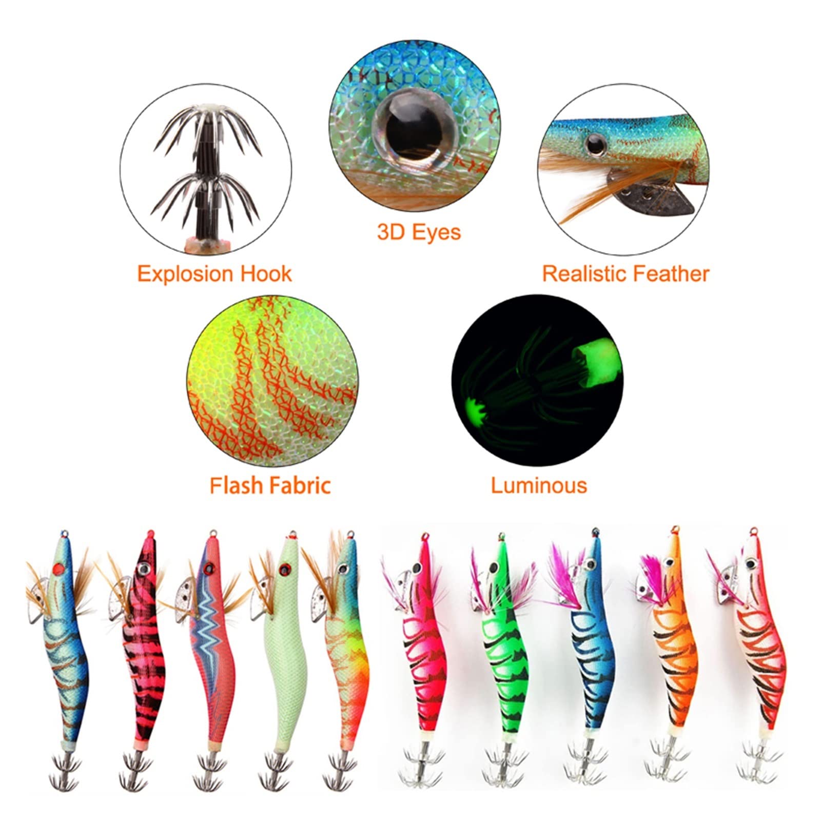 XILILHC 20 Pz/Lotto Calamari Esca Gamberetti Maschere Esche Luminose di Polpo | Esca artificiale for la pesca con esche artificiali for seppie con occhi 3D