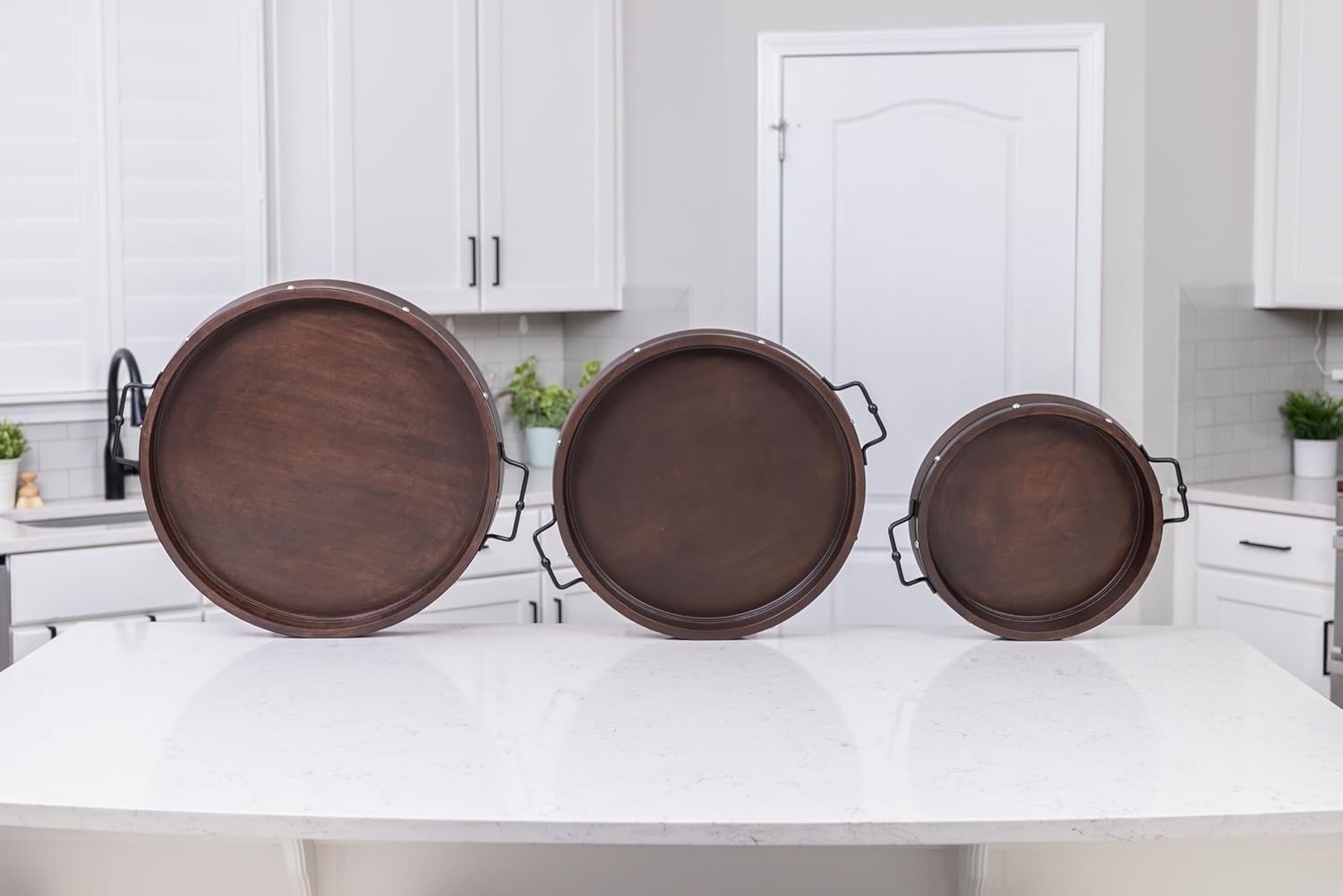 16" Large Round Ottoman Tray, Heavy Duty Mango Wood, for Serving Tea, Breakfast in Bed, Living Room Large Coffee Table Tray Rustic with Farmhouse Style, Decorative Handles and Accent Strap - Image 11