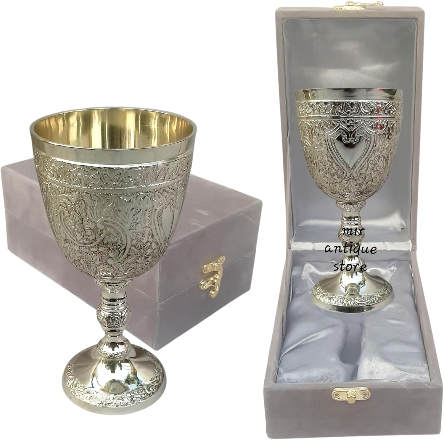 Brass Engraved Chalice Goblet – Silver Finish Wine Glass Cup with Velvet Gift Box – Antique-Style Medieval Collectible Barware, Decorative Drinking Cup, Unique Gift for Wine Lovers & Party Home Décor