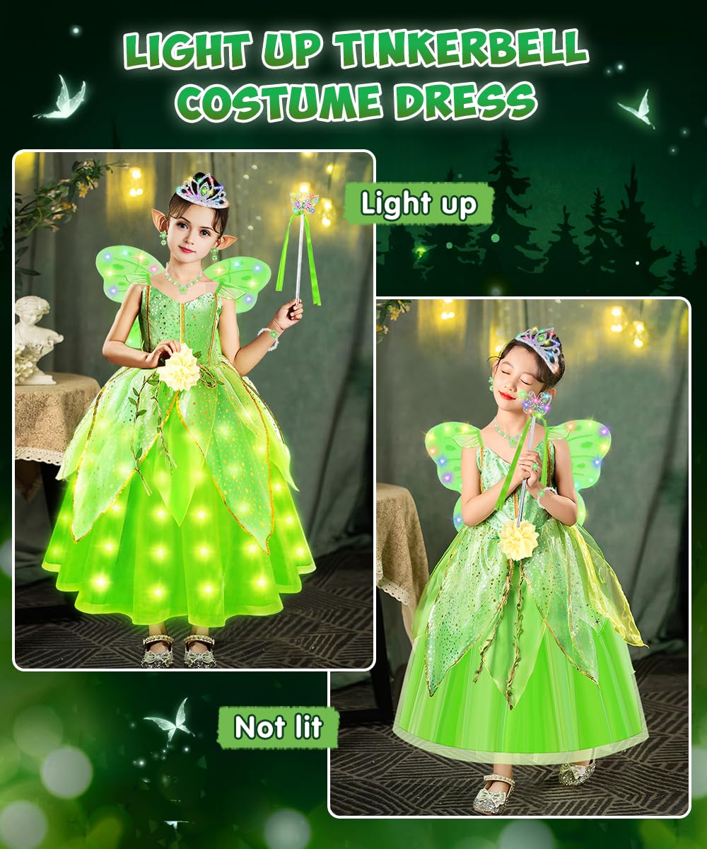 Tinkerbell Costume Kids, Light Up Princess Dress Up for Girls,Tinkerbell Fancy Dress with Butterfly Wings - Image 4
