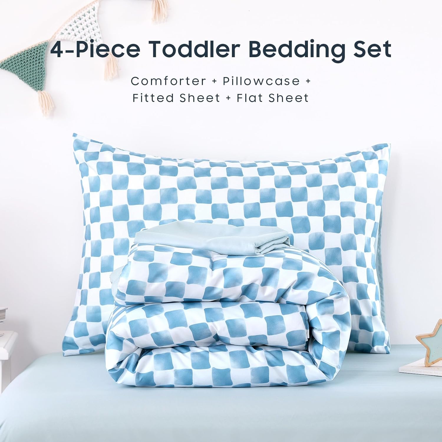 Wake In Cloud - Toddler Bedding Set for Boys Girls, Cute Gingham Grid Checkered, 4 Pieces Soft Crib Bed Set Including Comforter, Sheets and Pillowcase, Blue White