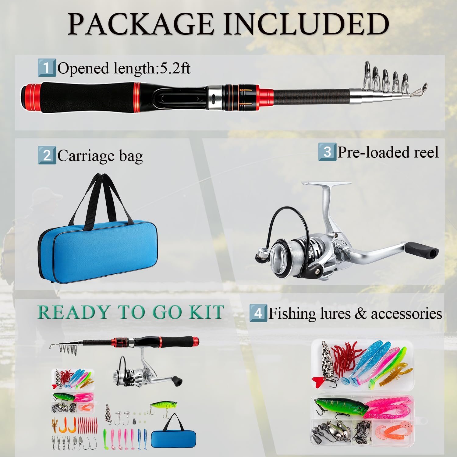 Fishing Pole Set, 5.2FT Compact Telescopic Fishing Rod and Reel Combo with Complete Tackle Lures, Travel Carry Bag All-in-One Fishing Gear for Beginner Spinning Rod Combo Fishing Gift