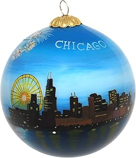 Hand Painted Christmas Ornament, Blown Glass, Hanging Tree Ornament, Holiday Decor, Chicago, City Skyline