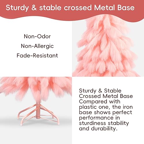 Miniatura 5 de Romantic season Árbol de Navidad rosa hecho a mano de 4 pies, puntas de rama de árbol de Navidad de fibra premium y soporte plegable de metal para