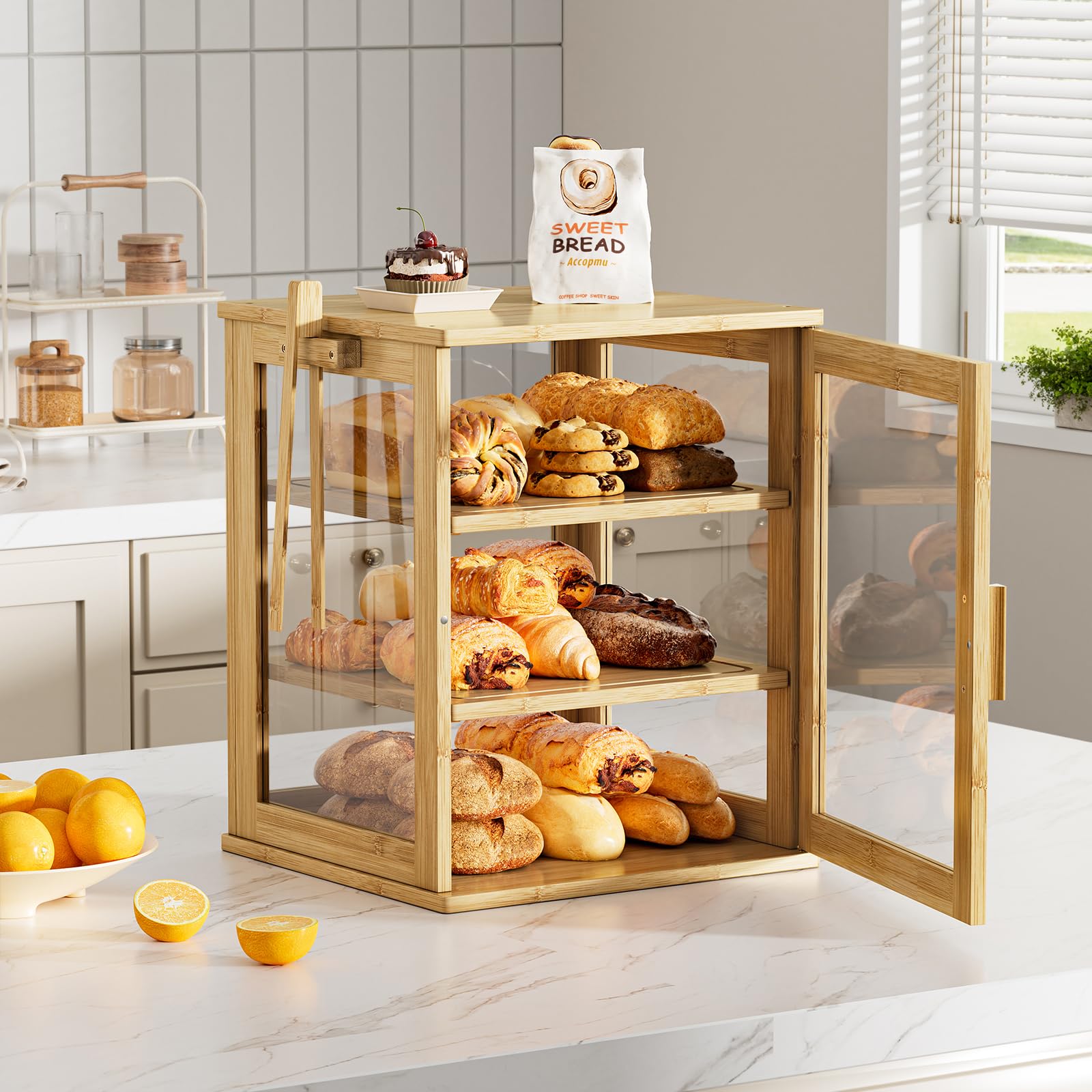 WOWLIVE Boîte à pain en bambou pour comptoir de cuisine, grande boîte de rangement à pain à 3 couches pour pain fait maison avec fenêtre, organiseur de boîte à pain de ferme pour cuisine, armoire