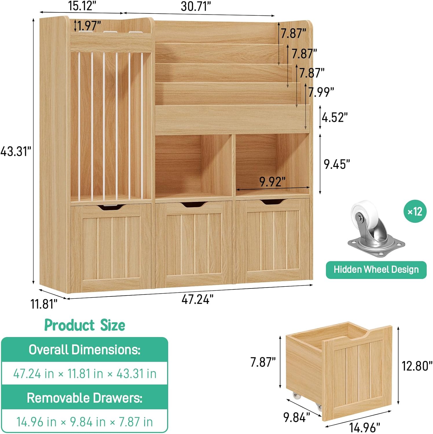 Halitaa Kids Bookshelf with 3-Tier Book Rack, Multi-Functional Storage Cabinet Bookcase with 3 Movable Drawers, Wooden Toy Organizer with Stuffed Animal Storage for Kids Room, Nursery, Oak