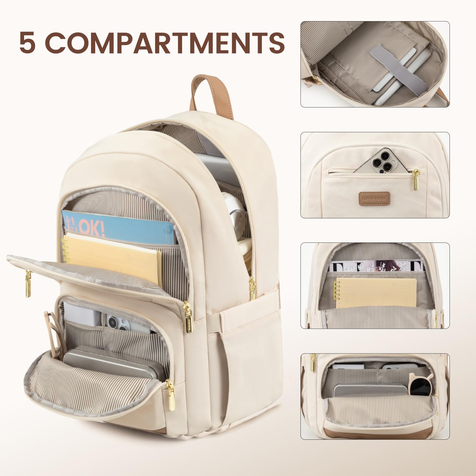 LOVEVOOK Travel Laptop Backpack for Women, Waterproof Work Backpack Fits 15.6 Inch Laptop, Large Computer Backpack for College, Beige
