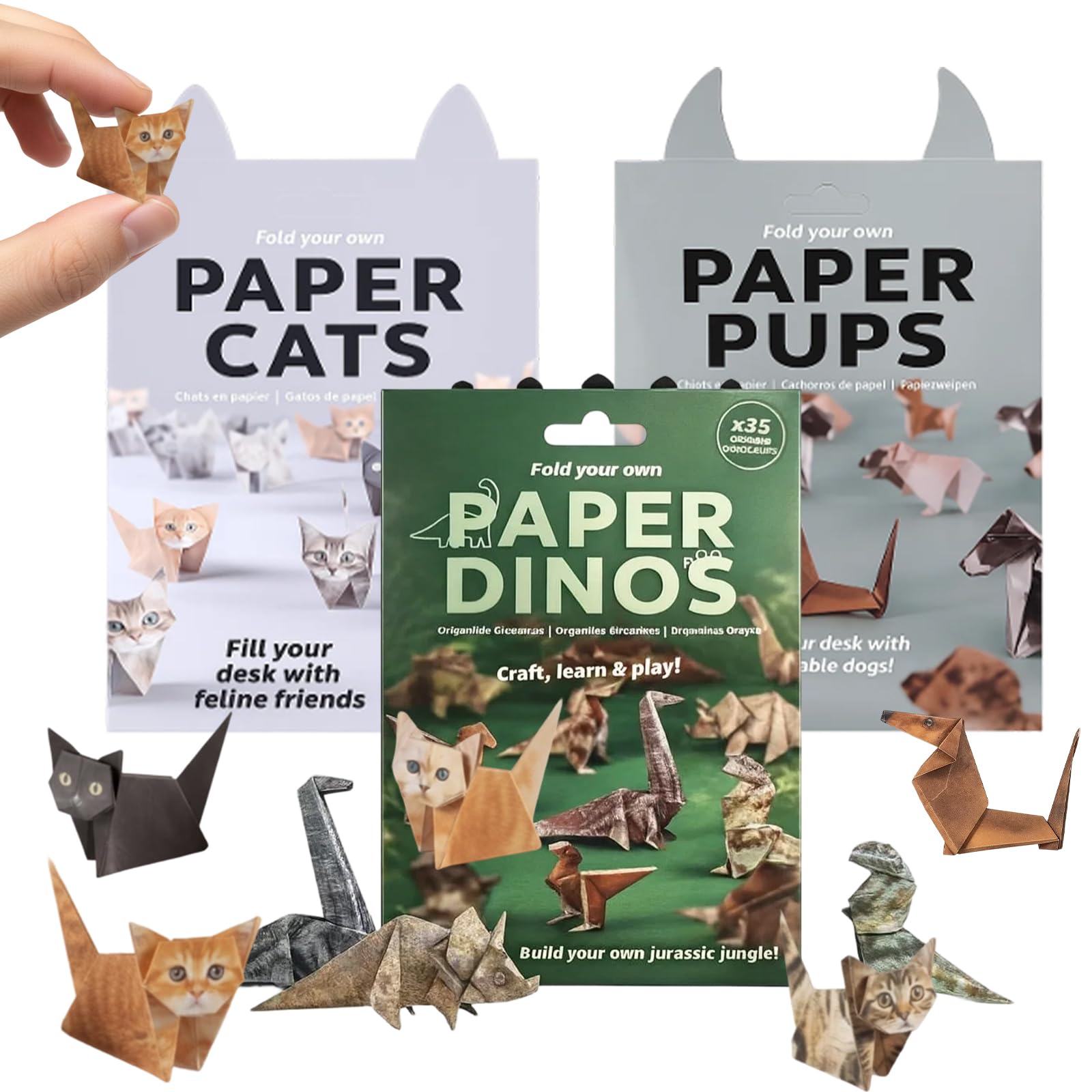 QhgPnt 3 Pcs Paper Cats/Dogs/Dinosaur Origami, DIY Paper Cats Origamis, for Adults & Kids, Handmade Cat and Dog Desk Decoration Gift for Animal Lovers