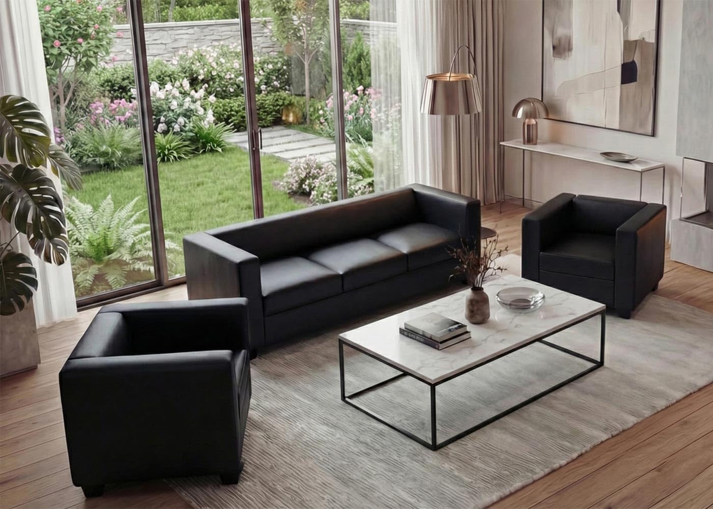 Mendler Salotto componibile Lounge Moderno Elegante Lille M65 Composizione 3-1-1 -Ecopelle Nero