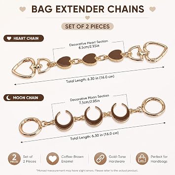 WANDIC Straps Bag Chain Set, 2Pcs Metal Extender Bag Accessorie Chain with Heart Crescent Moon Pattern Golden Metal Replacement Chain for Purse Bag Handbag,Brown