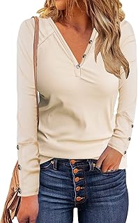 Sponsored Ad - Naletuoy Women's Henley T Shirts Casual Solid Long Sleeve Button V Neck Ribbed Tunic Tops Blouse