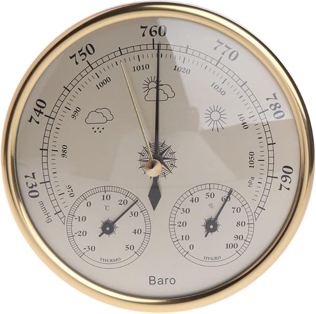 RQWEIN 3 In 1 Barometer Wall Hanging Barometer Dial Type Barometer -30~50 0~100% RH 970~1050hPa Wall Mounted Household Barometer Thermometer Hygrometer Weather Station Hanging,Golden