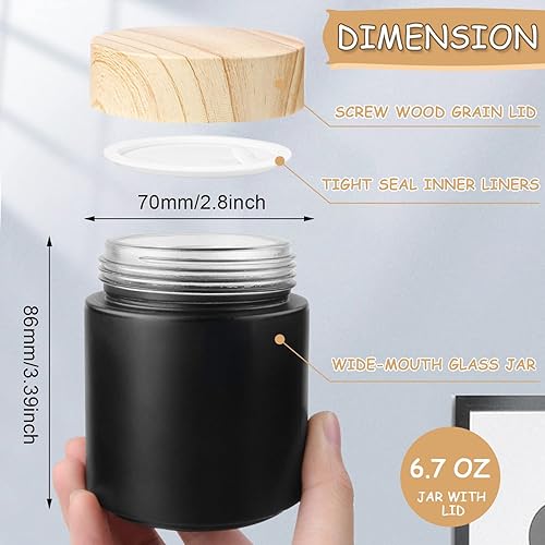 Miniatura 3 de Paquete de 4 tarros de vidrio negro de 6.8 fl oz6.7 onzas, tarros redondos de vidrio para hacer velas con forro Lnner, tapa de grano de madera de
