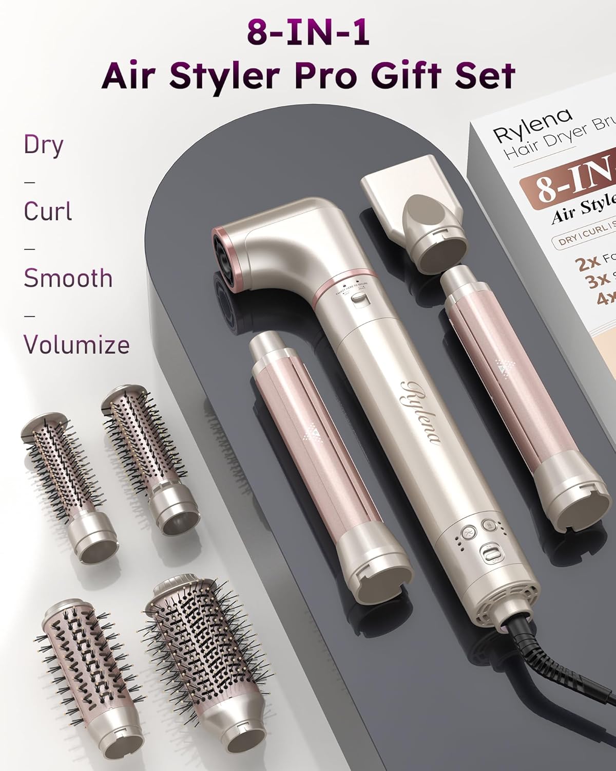 Deluxe 8-in-1 Air Styler Pro 2025 by Rylena, Hair Dryer Brush for Fast Drying, Auto Curling, Smoothing&Volumizing, 8 Attachable Heads, 110,000 RPM High-Speed Multi Styler, 600M Ionic Care, Stone