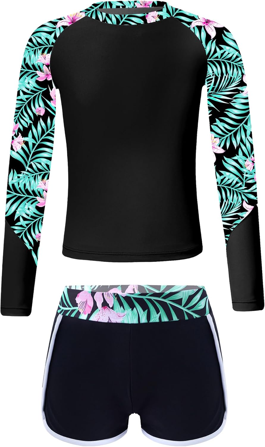 Rash Guard Set for Kids Big Girls Flower Printed Swim Top with Bottoms 2 Piecs Swimwear Outfit
