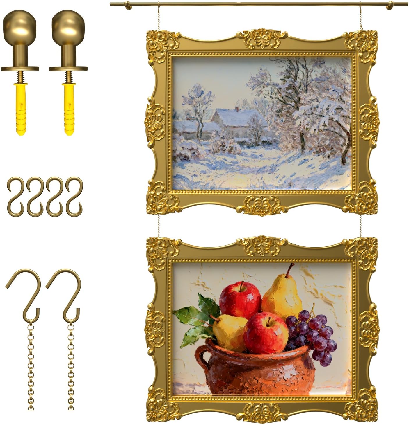 Glod Brass Gallery Rail Kit, Picture Rail Hanging System, Indoor Art Picture Hanging Track and Photo Display Rod, Metal Picture Hangers with Chain and Hooks (Single Rod, 0.7m)