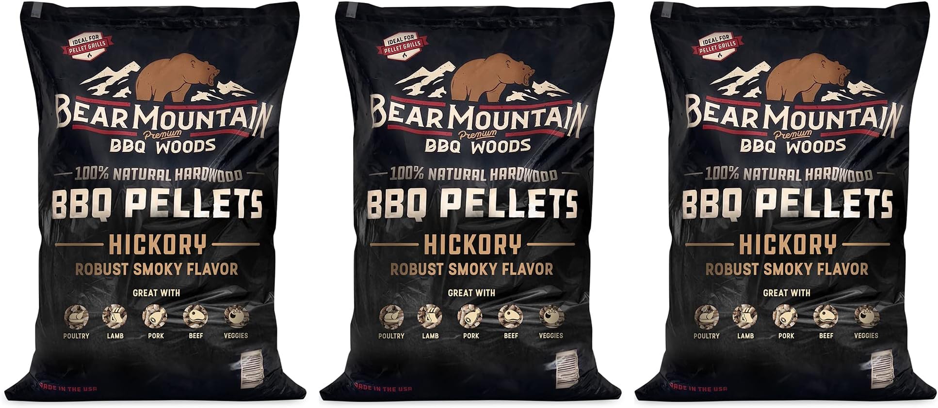 Bear Mountain Premium BBQ Woods FK14 Premium All Natural Low Moisture Hardwood Smoky Hickory BBQ Smoker Pellets for Outdoor Grilling, 20 Pound Bag (Pack of 3)