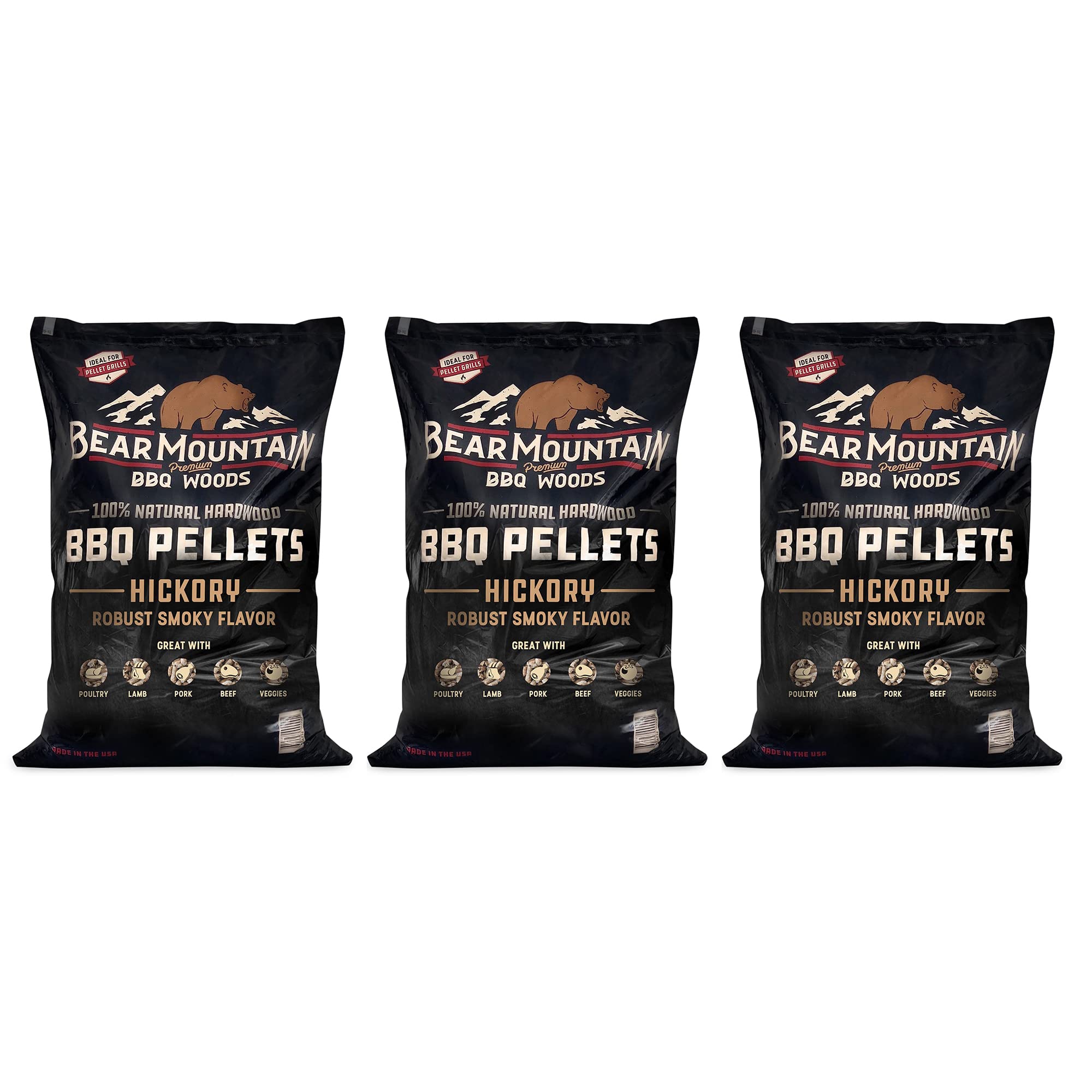 Bear Mountain Premium BBQ Woods FK14 Premium All Natural Low Moisture Hardwood Smoky Hickory BBQ Smoker Pellets for Outdoor Grilling, 20 Pound Bag (Pack of 3)