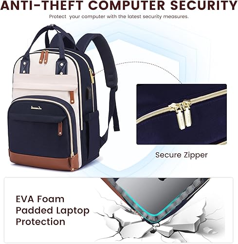 Miniatura 6 de LOVEVOOK Mochila para laptop para mujer, se adapta a portátiles de 15.6 pulgadas, Beige-azul-marrón