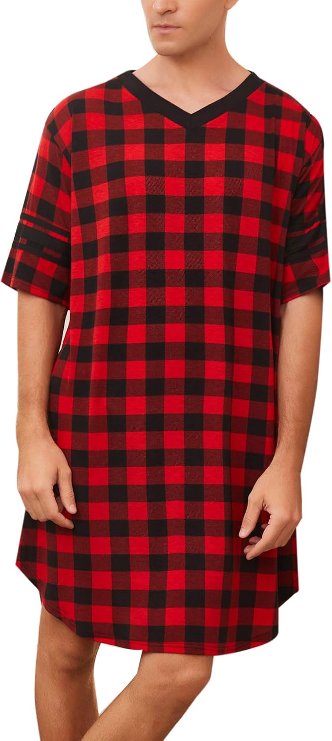 Ekouaer Men's Nightshirt Comfy Nightwear Big&Tall V Neck Short Sleeve Soft Loose Pajama Sleep Shirt - Image 3