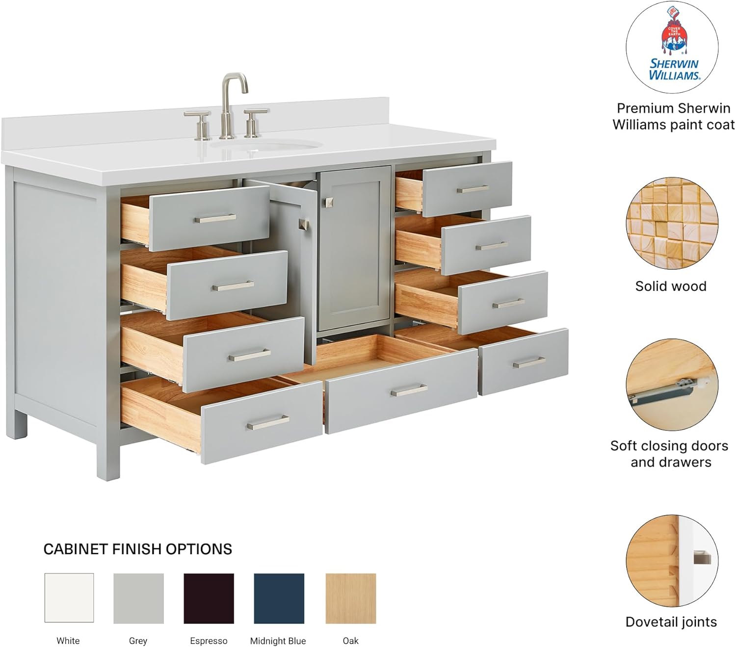 DKB Beckford 67-Inch Grey Single Bathroom Vanity with 1.5-Inch Pure White Quartz Countertop & Backsplash, Oval Sink, 2 Soft Closing Doors, 9 Dovetail Drawers, Brushed Nickel Hardware