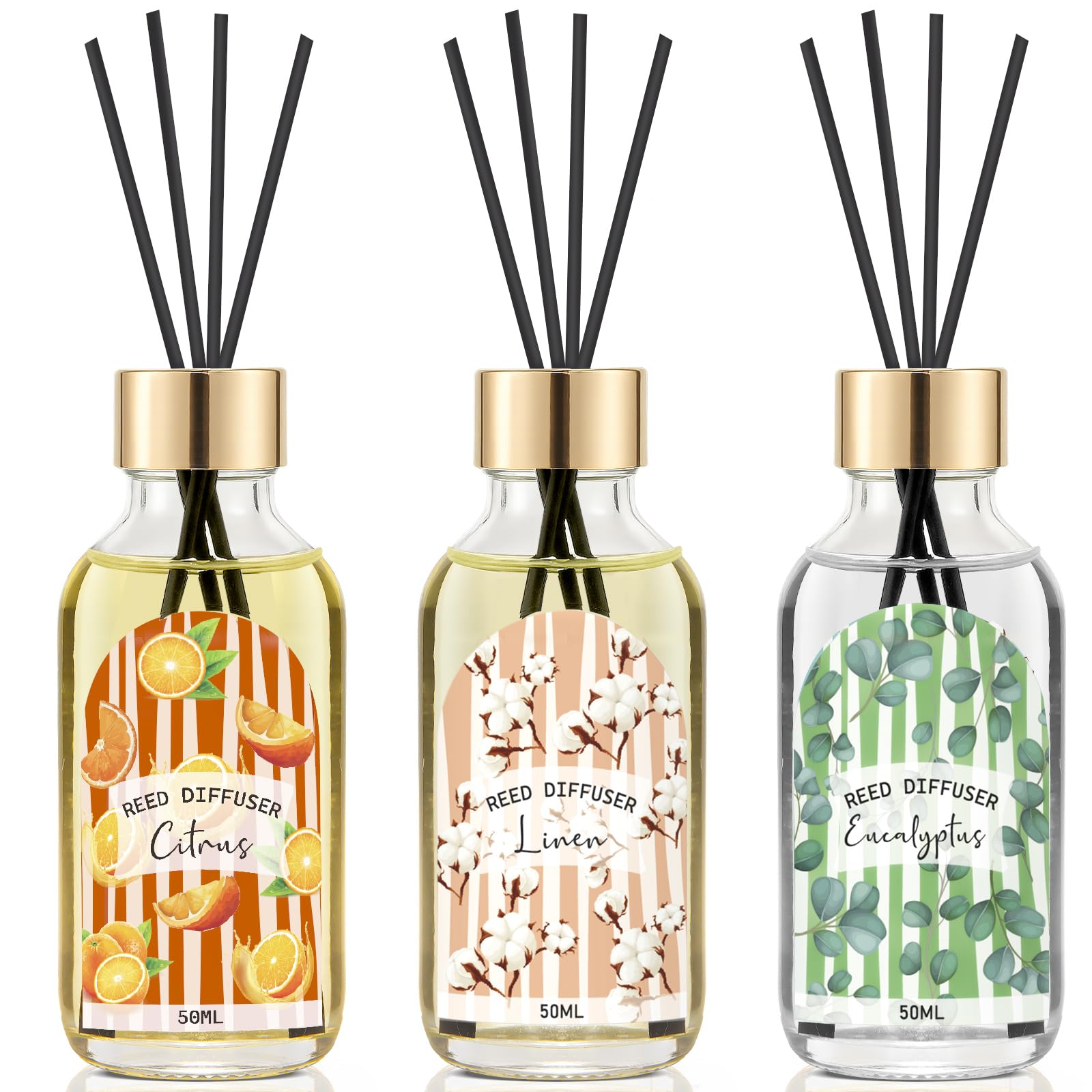 3 Pack Reed Diffuser Set Linen Eucalyptus Citrus Scented Oil Reed Diffusers for Home Bathroom Office Decor Aromatherapy