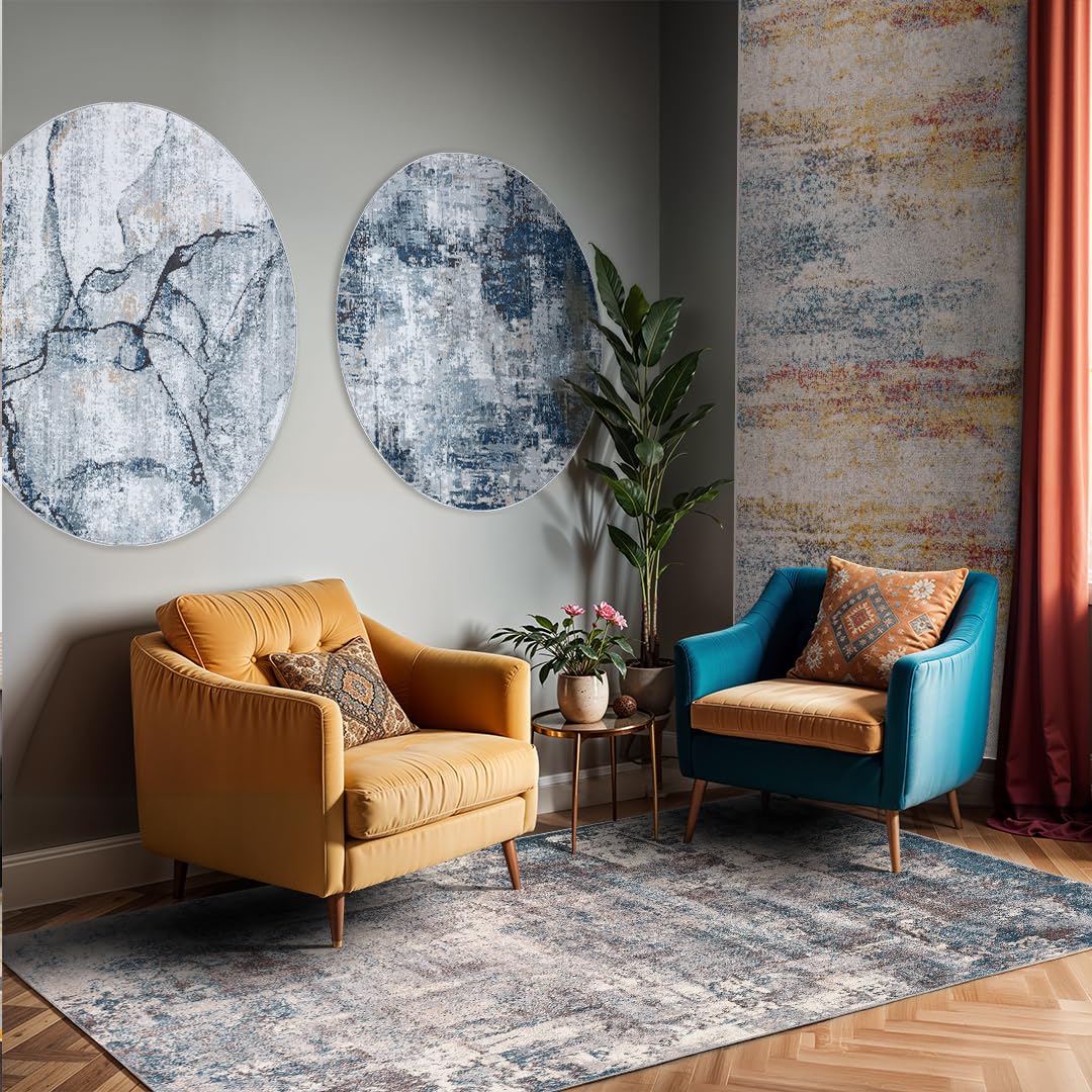 Livabliss Helsinki Wohnzimmer modern – Abstrakt Design in Marmor Optik für Wohnzimmer 120x170 cm, Esszimmer, Schlafzimmer - Marmor e groß, weicher Kurzflor in Blau, Weiß und Grau