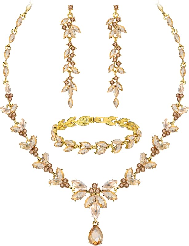 Paxuan Wedding Jewelry Sets for Bride Bridesmaid Bridal Jewelry Set for Women Wedding Crystal Necklace Earrings Bracelet Set for Party Prom Jewelry