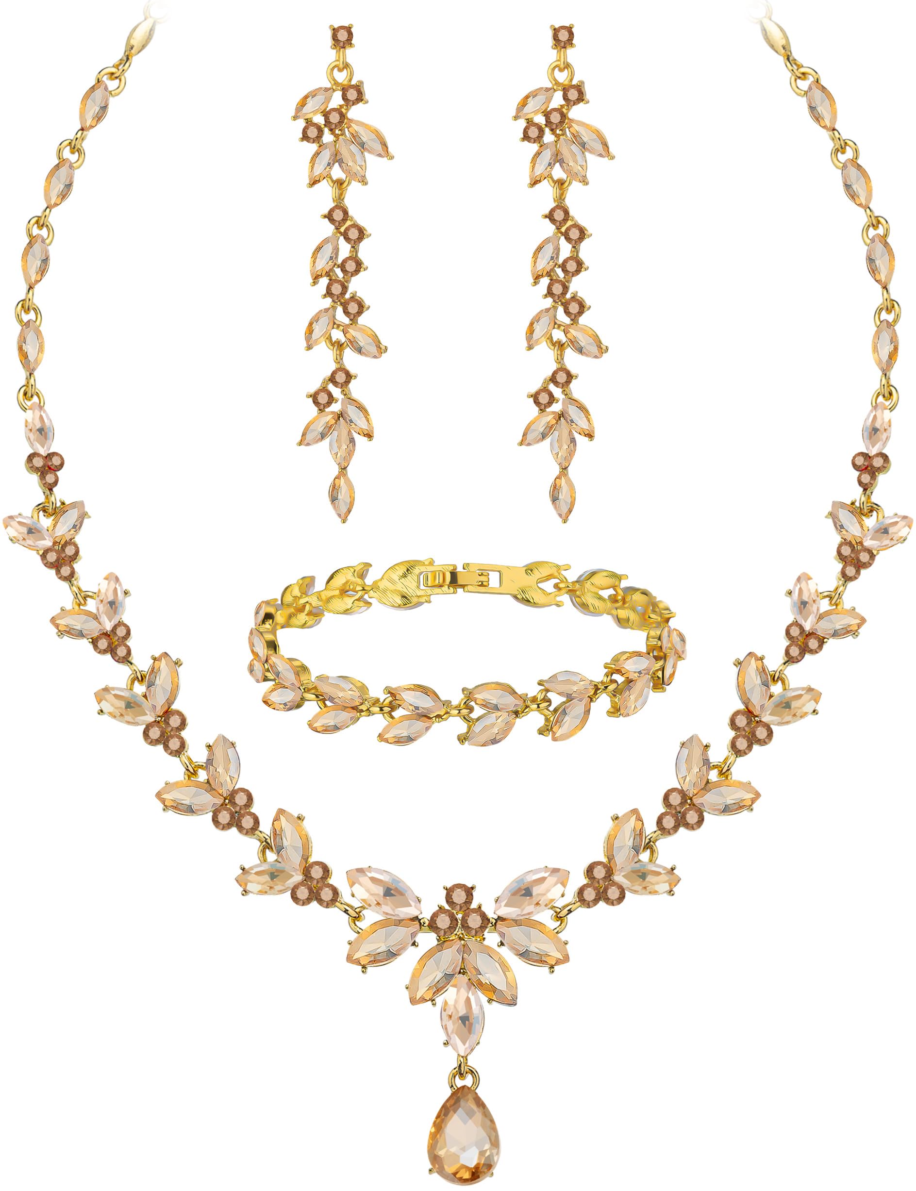 Paxuan Wedding Jewelry Sets for Bride Bridesmaid Bridal Jewelry Set for Women Wedding Crystal Necklace Earrings Bracelet Set for Party Prom Jewelry