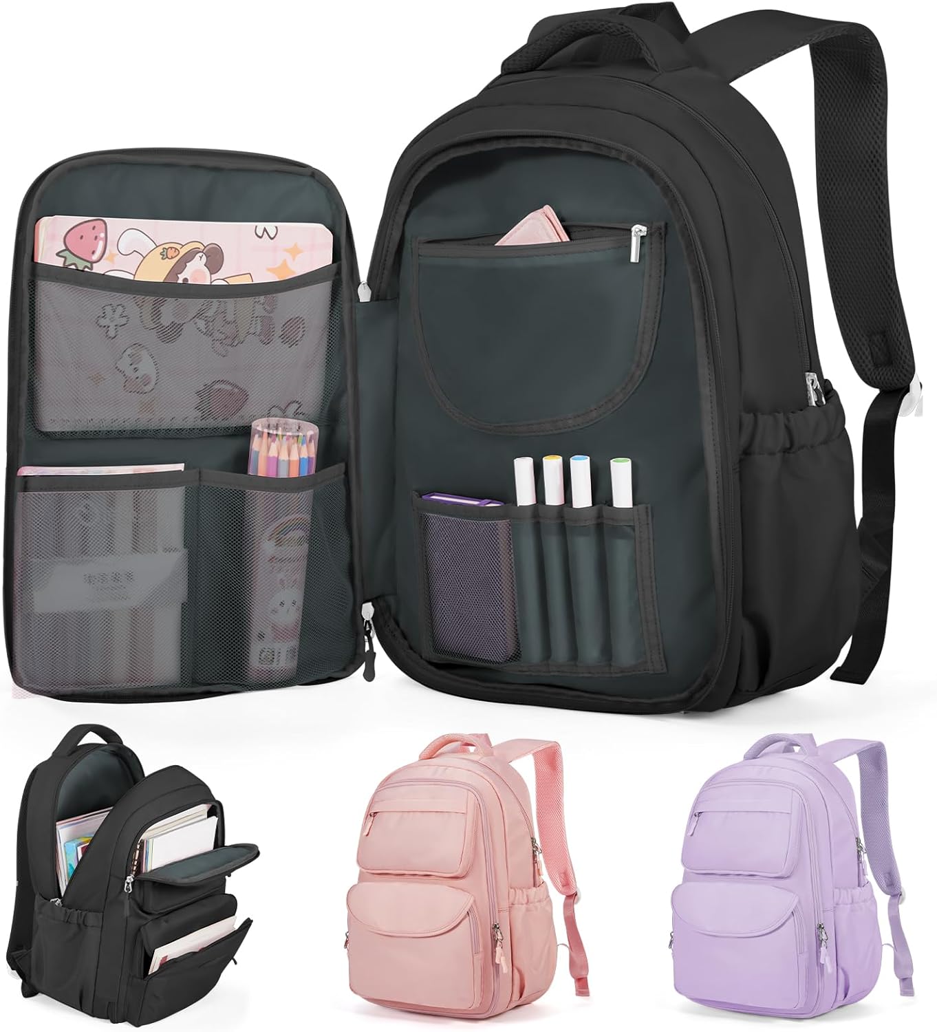 Cute Black Backpack For School Teens Girls Boys, Aesthetic Kids Elementary School Backpacks, Waterproof Middle Students Bookbag, Large Capacity Backpack For College Women Men