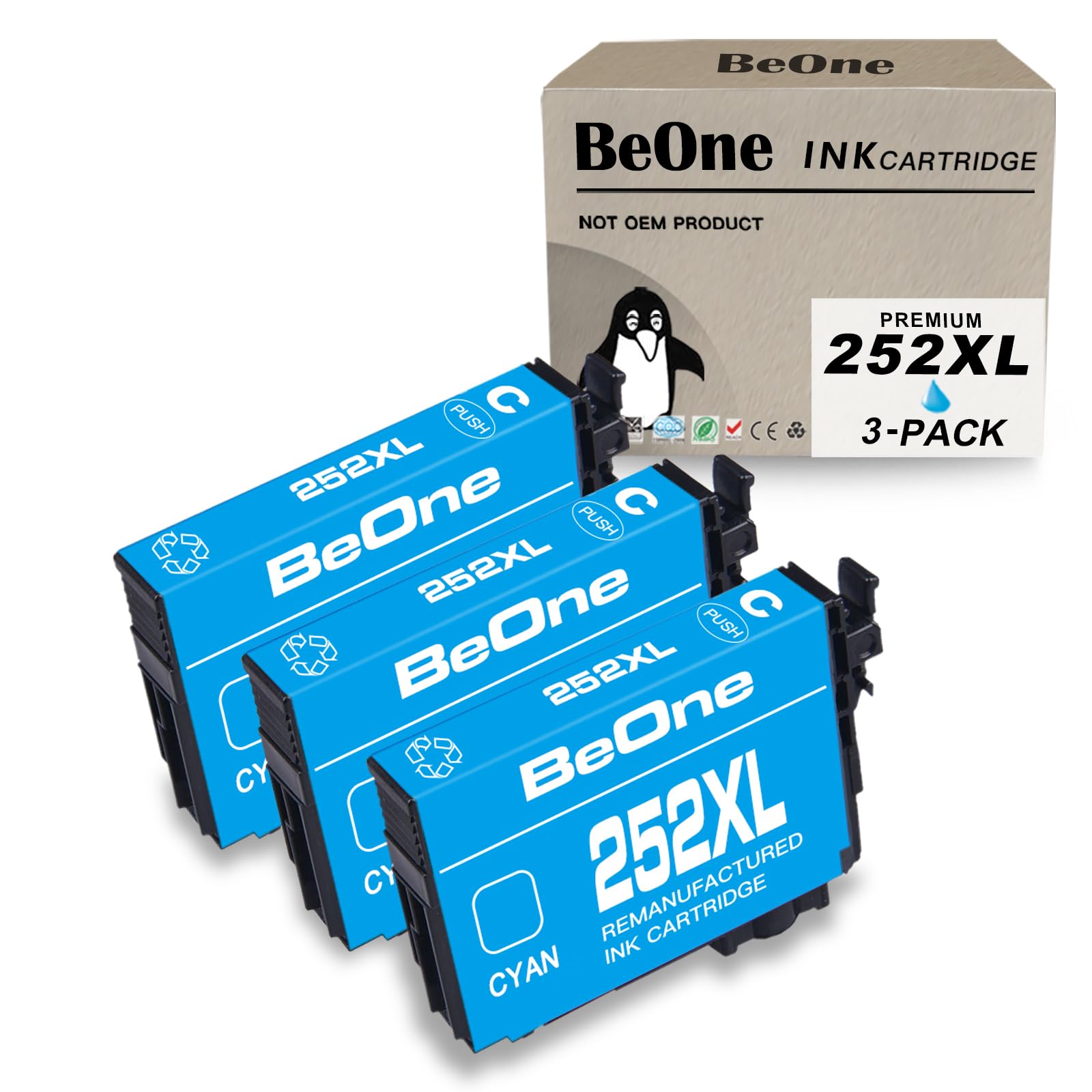 BeOne 252XL Cyan Remanufactured Ink Cartridge Replacement for Epson 252XL T252 T252XL Compatible with Epson Workforce WF-3620 WF-3630 WF-3640 WF-7110