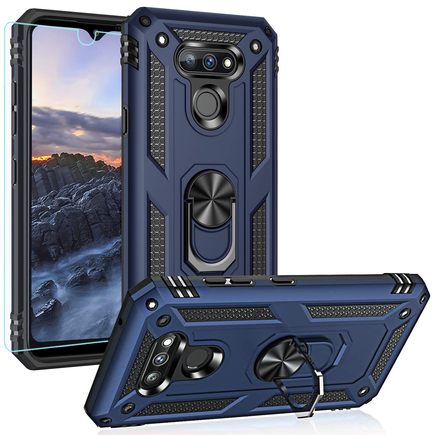 PUSHIMEI Compatible for LG Harmony 4/Xpression Plus 3/Premier Pro Plus/K41/K40S case,Military Grade Armor Protection Phone Case Cover with HD Screen Protector Magnetic Ring Kickstand (Navy)