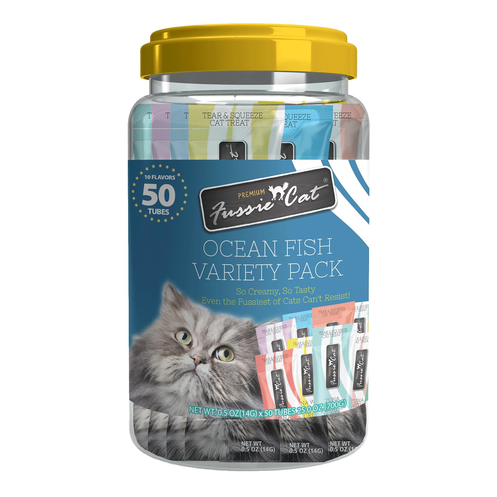 Fussie Cat, 0.5 Ounces Each, 50 Tubes, Ocean Fish Variety 10 Flavors