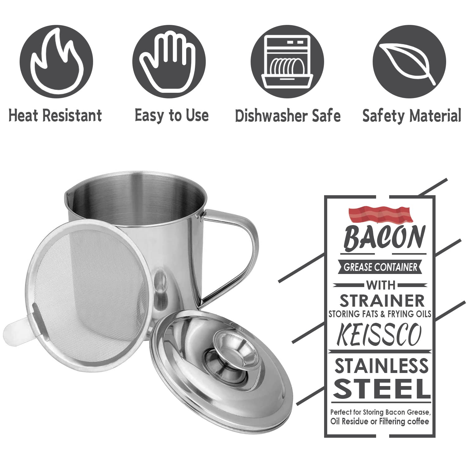 KEISSCO Contenedor de grasa de tocino con colador, recipiente de aceite de cocina de acero inoxidable de 1 litro con tapa y asa, recipiente grande para ghee o recipiente de grasa de tocino, perfecto