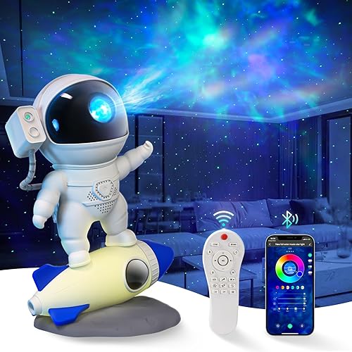 Proyector de estrellas con luz nocturna de galaxia, proyector de luz estrellada de astronauta con altavoz Bluetooth y temporizador, lámpara de