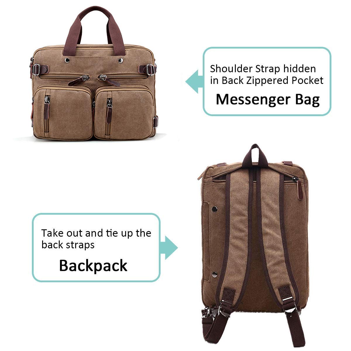 Chikencall - Maletín de Ordenador portátil, 3 vías, Convertible, Lona, Bandolera, Mochila híbrida de Negocios, 38 cm, para Trabajo en el Colegio marrón marrón